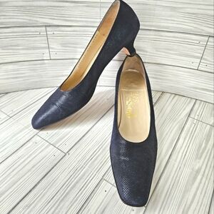 Salvatore Ferragamo Striped Suede Almond Toe Kitten Heels in Midnight Size 8.5